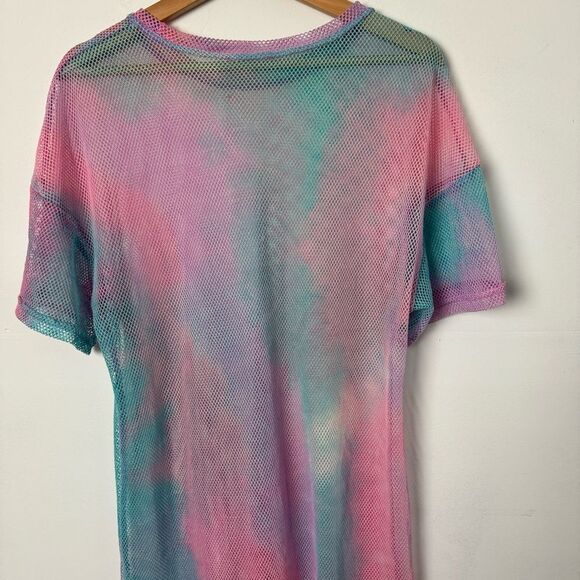 Pastel Rainbow Pink Blue Fishnet Mesh Swim Cover Up and Festival Dress One Size - Picture 12 of 13